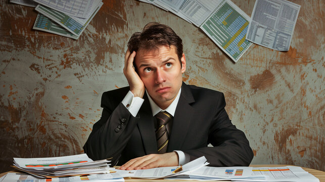 Businessman holding his head in confusion while reviewing several financial reports on his desk in a modern office 