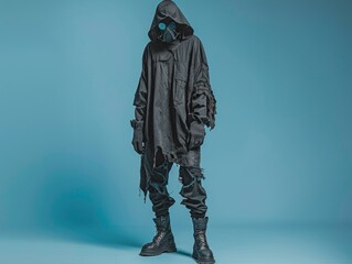 Medium shot of The man put on a black hood and an old, disheveled, torn cloak, black boots, and a black respirator mask, themed background, bright tonality, in the style of fashion photography.