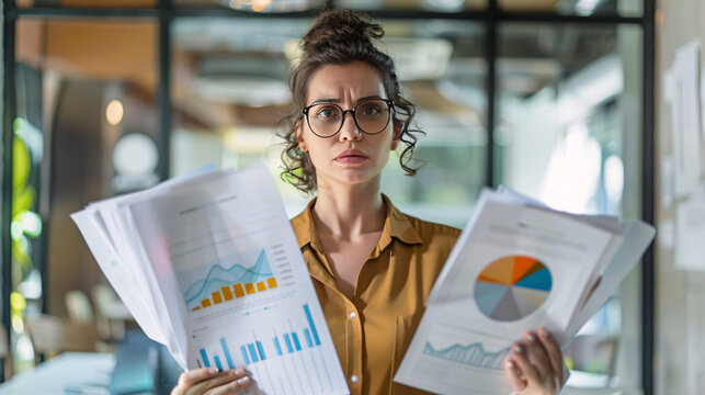 Businesswoman with a perplexed expression holding two different business reports in a modern office 