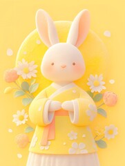 Fototapeta premium Mid autumn festival concept. Serene Moonlit Rabbit in Traditional clothing. A Whimsical Pastel Illustration
