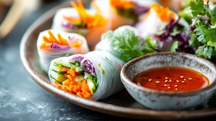 Fresh spring rolls with dipping sauce. Close-up of colorful spring rolls served with a spicy dipping sauce, ideal for a light and healthy meal.