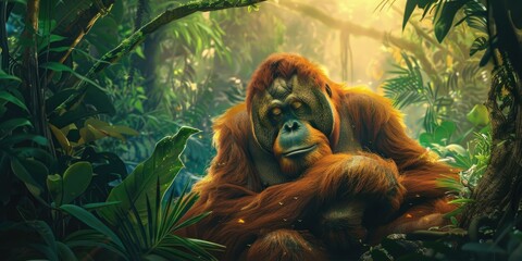 Obraz premium Orangutan Sitting in Lush Jungle