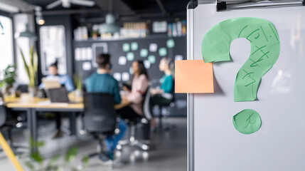 Obraz premium Green question mark icon on a whiteboard with an office environment in the background 