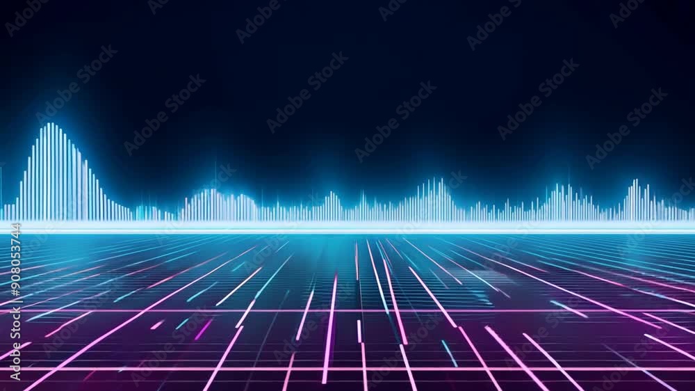 Poster dynamic waveform visualization on a grid surface at night generative ai