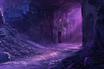 A mysterious passageway in a purple cave with an ethereal glow