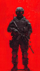 Naklejka premium Soldier Silhouette Against Red Background