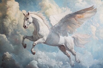 Fototapeta premium Powerful Pegasus Soaring Through the Heavens, Capturing the Essence of Greek Mythological Legends and Heroic Adventure â€“ Perfect for Inspirational Art, ai