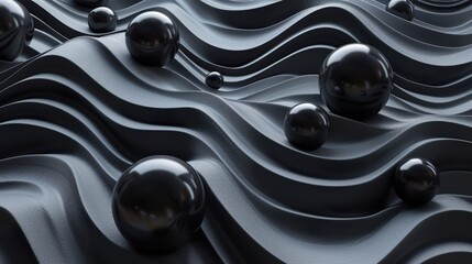 Horizontal abstract black background with waves and balls. Futuristic wallpaper.