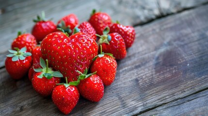 A cluster of vibrant red strawberries rests on a wooden surface, with one shaped like a heart, suggesting a theme of love and sweetness.