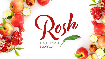 Pomegranates, apples and honey on white background, traditional food of Jewish New Year - Rosh Hashanah.