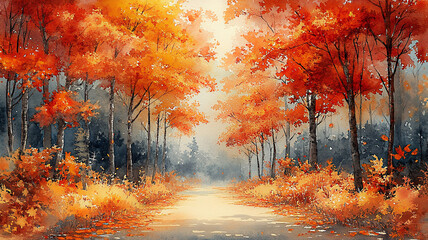 High-resolution watercolor autumn forest, vibrant red and yellow leaves, serene path