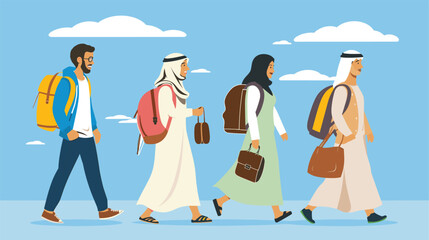 Group diverse students walk smiling backpacks Middle Eastern attire happy Four people different ethnicities traveling outdoor scene blue sky. Cultural exchange modern education background Middle