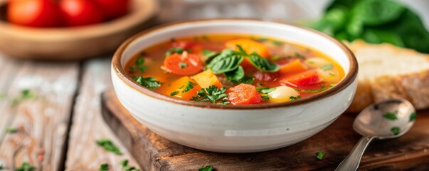 A close-up of a bowl of fresh vegetable soup with herbs, placed on a rustic table with bread and tomatoes in the background.