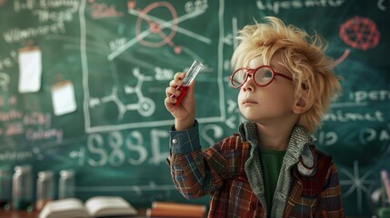 A young boy dressed as a scientist, holding a test tube, in front of a green chalkboard filled with science equations