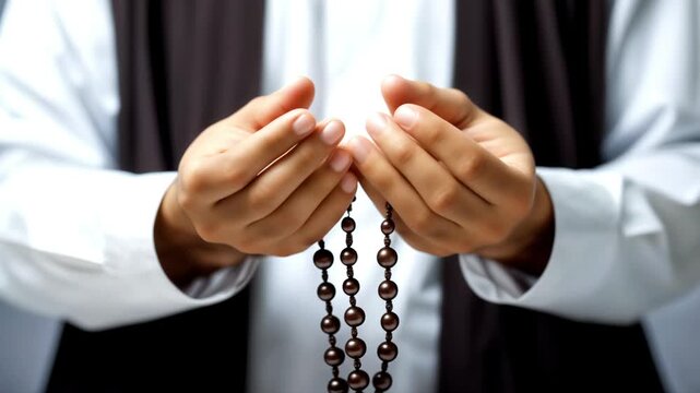 Muslim Man Praying with Prayer Beads: Hands Raised in Dua, Holding a Misbaha. Islam, Faith, Spirituality Concept. Muslim Prayer & Spiritual Connection
