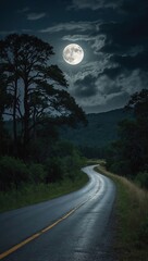 A tranquil road under the luminous full moon