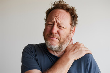 Fototapeta premium A European man clutching his shoulder as if experiencing discomfort or shoulder pain