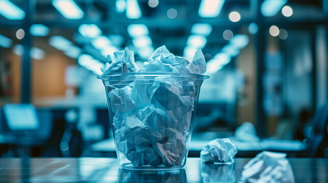 crumpled paper in transparent bin on office background concept of brain storming of business idea