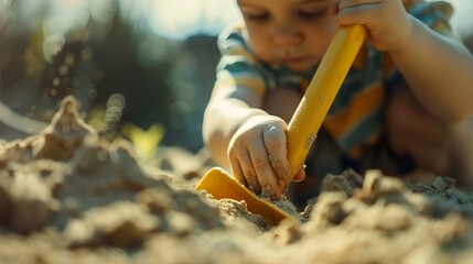Close-up of a kid digging in a sandbox with a toy shovel