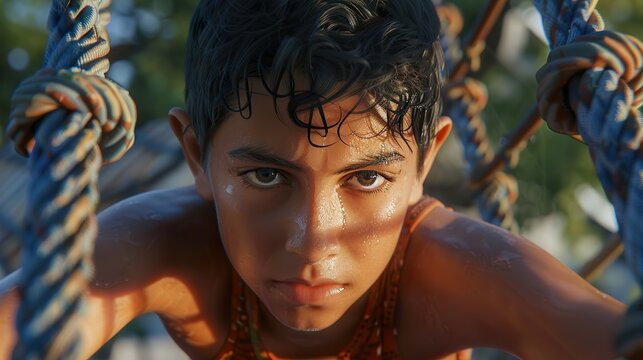 Close-up of a kid climbing a jungle gym with determination