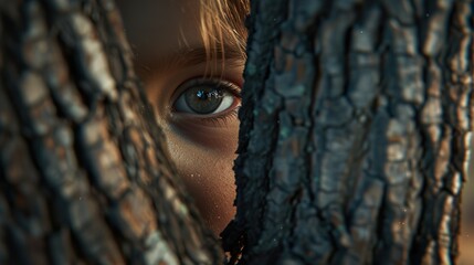 Close-up of a kid playing hide-and-seek behind a tree
