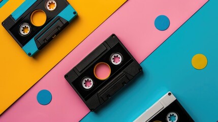 Three cassette tapes on a colorful background with blue, yellow and pink stripes.