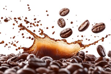 Roasted coffee beans splashing in delicious coffee, cut out , ai