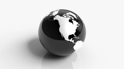 A minimalist black and white globe icon, with detailed continents and a glossy finish, on a white background.