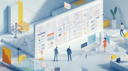 A minimalist depiction of a CRM strategy session, showing a virtual whiteboard filled with strategy flowcharts and customer personas, all in a clean, organized layout. 