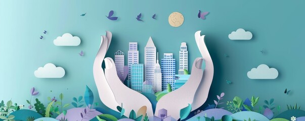Fototapeta premium Hands holding cityscape in minimalist paper cut style with nature elements