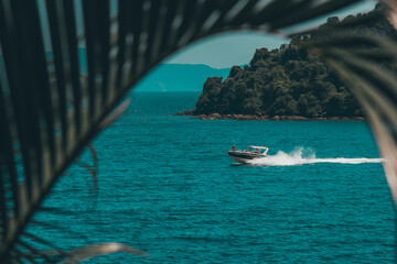 An arched palm leaf, blurred and framing a high-speed boat on the sea of Angra dos Reis, SP. The...