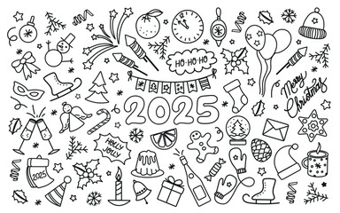 Happy New year 2025. New year doodle vector set. Black elements isolated on white background.