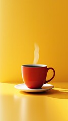 Steaming Coffee Cup Against Bright Yellow Background