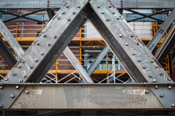 The image features industrial steel beams with visible bolts and rivets, highlighting the structure&rsquo;s strength amidst construction scaffolding in the background.