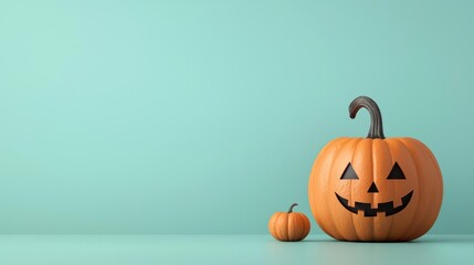 A cheerful Halloween pumpkin with a spooky face against a light teal background, perfect for seasonal decorations.