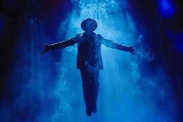 Fototapeta premium Magician levitates, flies surrounded by smoke on stage