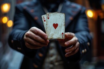 magician is showing a trick with playing cards