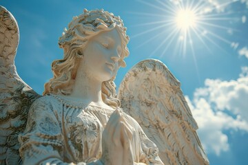 Fototapeta premium White statue of angel praying with sunlight background