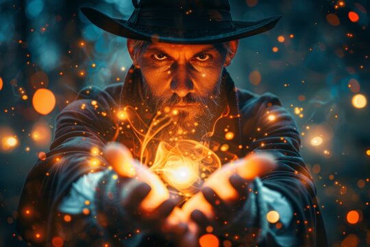 Mysterious wizard holding magic fireball