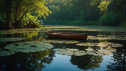 Scenic view of boat on water with lily pads