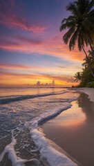 A stunning sunset casts vibrant colors over a tropical beach, framed by swaying palm trees