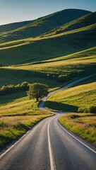 An empty road winds through vibrant green fields, surrounded by nature's tranquility