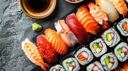 Japanese sushi assortment with sashimi maki rolls and green tea on a stone background from above