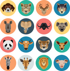 African animal faces. Cute simple animal portraits. Sweet funny animals. Hand-drawn characters. Vector illustration.