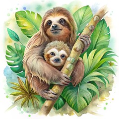 Obraz premium Sloth Watercolor, Mom and Baby Sloth paint Watercolor boho tropical drawing, Mother sloth with baby holding on branch and tree. digital file clipping path isolated on a white background