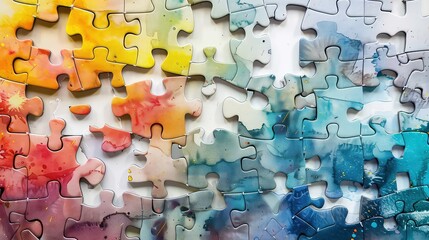 A close-up image of abstract watercolor painted puzzle pieces with a missing center piece.