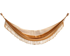Obraz premium A beige hammock with fringe detail, isolated on a black background. The hammock is curved, suggesting comfort and relaxation.
