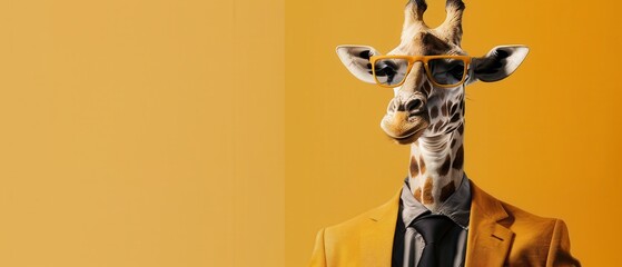 Cool giraffe wearing sunglasses and a fashionable suit, exuding confidence. Free copy space for text.