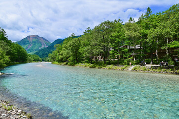 Turquoise Water of Azusa River and Mt. Yakedake in Kamikochi, Nagano Prefecture