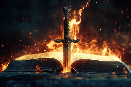 Sword of the spirit. Holy bible. For the word of God is living and active, sharper than any double-edged sword. Flaming sword of the spirit and the word of god concept art. With copy space, ai
